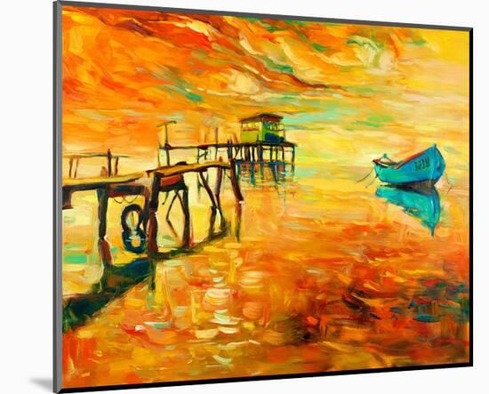 Sunset Boat and Jetty Painting-null-Mounted Art Print