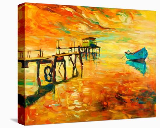 Sunset Boat and Jetty Painting-null-Stretched Canvas