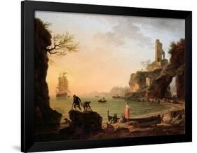 Sunset, Fishermen Pulling in their Nets, 1760-Claude Joseph Vernet-Framed Giclee Print