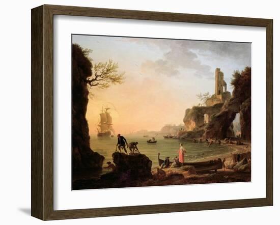 Sunset, Fishermen Pulling in their Nets, 1760-Claude Joseph Vernet-Framed Giclee Print