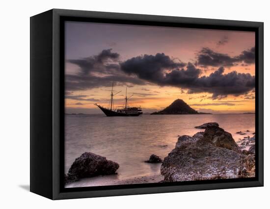 Sunset on Anchored Phinisi Schooner, Komodo National Park, Indonesia-Jones-Shimlock-Framed Stretched Canvas