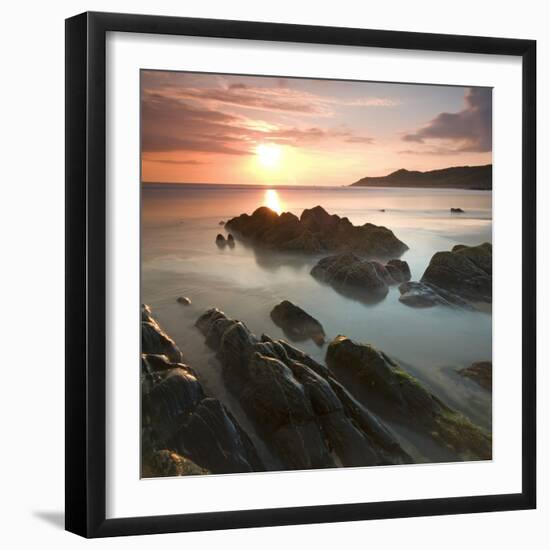 Sunset on Barricane Beach, Woolacombe, Devon, England. Summer-Adam Burton-Framed Premium Photographic Print