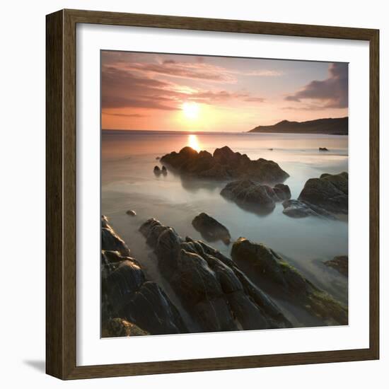 Sunset on Barricane Beach, Woolacombe, Devon, England. Summer-Adam Burton-Framed Photographic Print