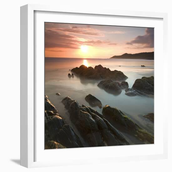 Sunset on Barricane Beach, Woolacombe, Devon, England. Summer-Adam Burton-Framed Photographic Print