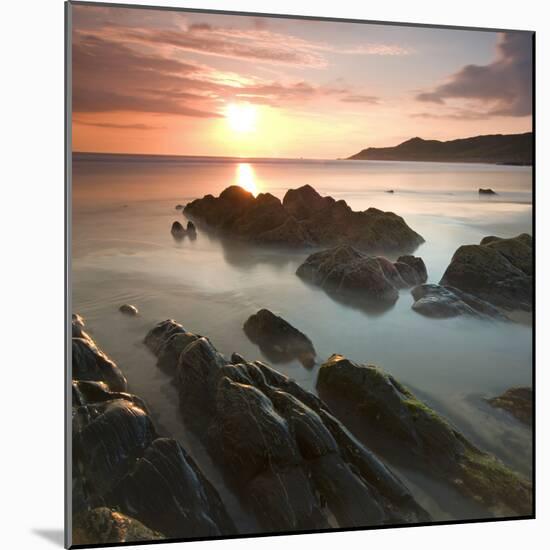 Sunset on Barricane Beach, Woolacombe, Devon, England. Summer-Adam Burton-Mounted Photographic Print