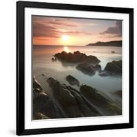 Sunset on Barricane Beach, Woolacombe, Devon, England. Summer-Adam Burton-Framed Photographic Print