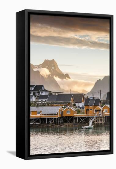 Sunset on the Fishing Village Framed by Rocky Peaks and Sea, Sakrisoya, Nordland County-Roberto Moiola-Framed Stretched Canvas