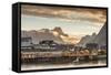 Sunset on the Fishing Village Framed by Rocky Peaks and Sea, Sakrisoya, Nordland County-Roberto Moiola-Framed Stretched Canvas