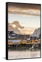 Sunset on the Fishing Village Framed by Rocky Peaks and Sea, Sakrisoya, Nordland County-Roberto Moiola-Framed Stretched Canvas