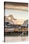 Sunset on the Fishing Village Framed by Rocky Peaks and Sea, Sakrisoya, Nordland County-Roberto Moiola-Stretched Canvas