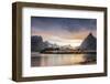 Sunset on the Fishing Village Framed by Rocky Peaks and Sea, Sakrisoya, Nordland County-Roberto Moiola-Framed Photographic Print