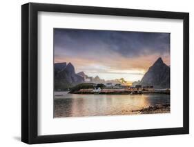 Sunset on the Fishing Village Framed by Rocky Peaks and Sea, Sakrisoya, Nordland County-Roberto Moiola-Framed Photographic Print