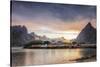 Sunset on the Fishing Village Framed by Rocky Peaks and Sea, Sakrisoya, Nordland County-Roberto Moiola-Stretched Canvas