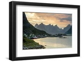 Sunset on the Fishing Village Surrounded by Rocky Peaks and Sea, Reine, Nordland County-Roberto Moiola-Framed Photographic Print