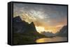 Sunset on the Fishing Village Surrounded by Rocky Peaks and Sea, Reine, Nordland County-Roberto Moiola-Framed Stretched Canvas