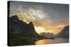 Sunset on the Fishing Village Surrounded by Rocky Peaks and Sea, Reine, Nordland County-Roberto Moiola-Stretched Canvas