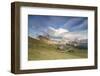 Sunset on the green meadows and huts of the Odle mountain range seen from Seceda, Val Gardena, Tren-Roberto Moiola-Framed Photographic Print