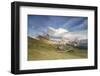 Sunset on the green meadows and huts of the Odle mountain range seen from Seceda, Val Gardena, Tren-Roberto Moiola-Framed Photographic Print