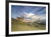 Sunset on the green meadows and huts of the Odle mountain range seen from Seceda, Val Gardena, Tren-Roberto Moiola-Framed Photographic Print