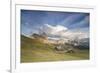 Sunset on the green meadows and huts of the Odle mountain range seen from Seceda, Val Gardena, Tren-Roberto Moiola-Framed Photographic Print