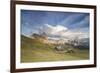 Sunset on the green meadows and huts of the Odle mountain range seen from Seceda, Val Gardena, Tren-Roberto Moiola-Framed Photographic Print