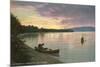 Sunset on the Lake, Canoes-null-Mounted Premium Giclee Print