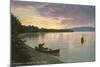 Sunset on the Lake, Canoes-null-Mounted Art Print