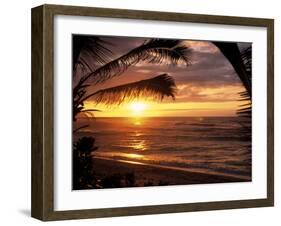 Sunset on the Ocean with Palm Trees, Oahu, HI-Bill Romerhaus-Framed Premium Photographic Print