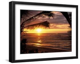 Sunset on the Ocean with Palm Trees, Oahu, HI-Bill Romerhaus-Framed Photographic Print