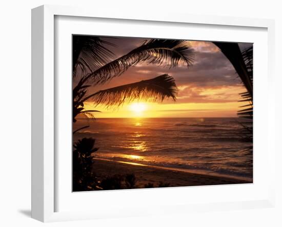 Sunset on the Ocean with Palm Trees, Oahu, HI-Bill Romerhaus-Framed Photographic Print