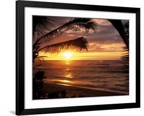 Sunset on the Ocean with Palm Trees, Oahu, HI-Bill Romerhaus-Framed Photographic Print