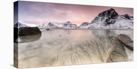 Sunset on the Surreal Skagsanden Beach Surrounded by Snow Covered Mountains-Roberto Moiola-Stretched Canvas