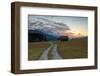 Sunset on wooden huts and meadows with the Alps in background, Geroldsee, Krun, Garmisch Partenkirc-Roberto Moiola-Framed Photographic Print