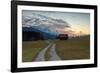 Sunset on wooden huts and meadows with the Alps in background, Geroldsee, Krun, Garmisch Partenkirc-Roberto Moiola-Framed Photographic Print