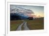 Sunset on wooden huts and meadows with the Alps in background, Geroldsee, Krun, Garmisch Partenkirc-Roberto Moiola-Framed Photographic Print