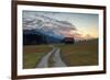 Sunset on wooden huts and meadows with the Alps in background, Geroldsee, Krun, Garmisch Partenkirc-Roberto Moiola-Framed Photographic Print