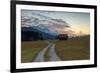 Sunset on wooden huts and meadows with the Alps in background, Geroldsee, Krun, Garmisch Partenkirc-Roberto Moiola-Framed Photographic Print