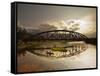Sunset Over a Bridge in Da Nang with a Small Fisherman's Boat-Alex Saberi-Framed Stretched Canvas