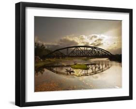 Sunset Over a Bridge in Da Nang with a Small Fisherman's Boat-Alex Saberi-Framed Premium Photographic Print