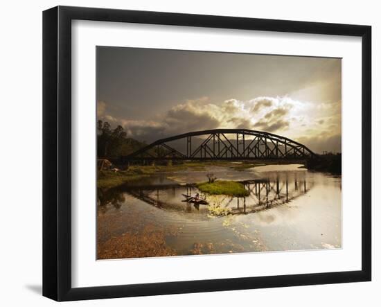 Sunset Over a Bridge in Da Nang with a Small Fisherman's Boat-Alex Saberi-Framed Photographic Print