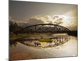 Sunset Over a Bridge in Da Nang with a Small Fisherman's Boat-Alex Saberi-Mounted Photographic Print