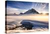 Sunset over mountains at Bow Lake in Banff, Canada during the winter with snow and blue skies-David Chang-Stretched Canvas