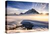 Sunset over mountains at Bow Lake in Banff, Canada during the winter with snow and blue skies-David Chang-Stretched Canvas