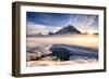 Sunset over mountains at Bow Lake in Banff, Canada during the winter with snow and blue skies-David Chang-Framed Photographic Print