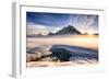 Sunset over mountains at Bow Lake in Banff, Canada during the winter with snow and blue skies-David Chang-Framed Photographic Print