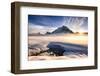 Sunset over mountains at Bow Lake in Banff, Canada during the winter with snow and blue skies-David Chang-Framed Photographic Print