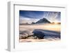 Sunset over mountains at Bow Lake in Banff, Canada during the winter with snow and blue skies-David Chang-Framed Photographic Print