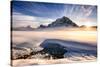 Sunset over mountains at Bow Lake in Banff, Canada during the winter with snow and blue skies-David Chang-Stretched Canvas