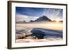 Sunset over mountains at Bow Lake in Banff, Canada during the winter with snow and blue skies-David Chang-Framed Photographic Print