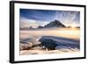 Sunset over mountains at Bow Lake in Banff, Canada during the winter with snow and blue skies-David Chang-Framed Photographic Print